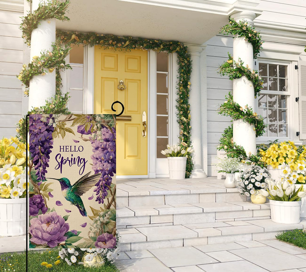 Hello Spring Bird Garden Flag 12x18 Vertical Double Sided Purple Flowers Farmhouse Holiday Outside Decorations Burlap Yard Flag