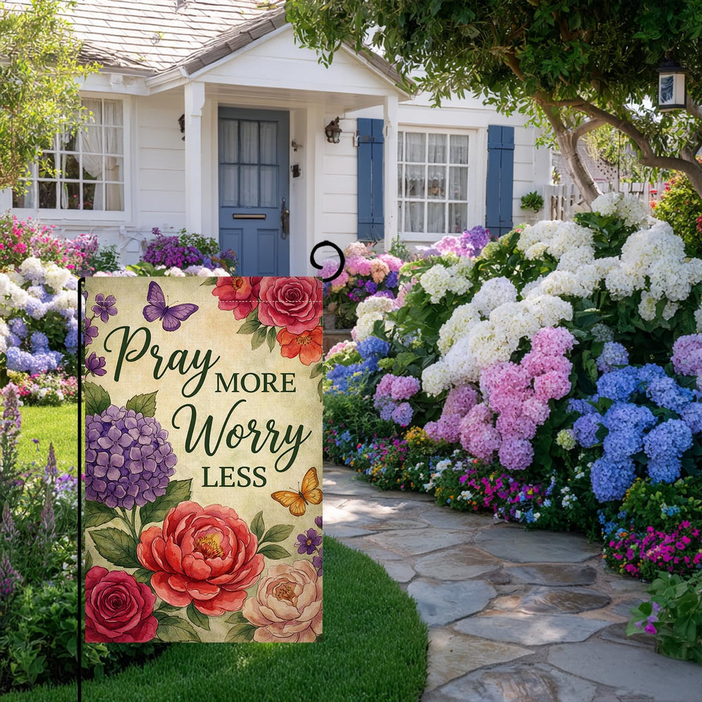 Spring Summer Floral Garden Flag 12x18 Vertical Double Sided Bloom in Faith Pray More Worry Less Farmhouse Holiday Outside Decorations Burlap Yard Flag