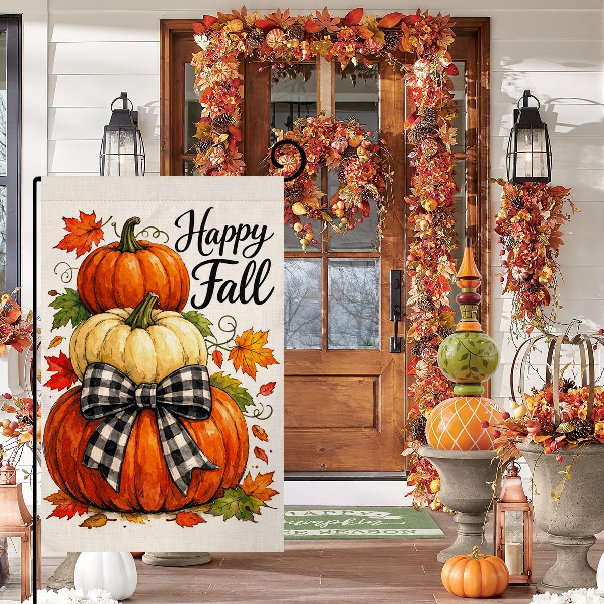 Fall Happy Fall Stacked Pumpkins Garden Flag 12x18 Maple Bow Yard Decor