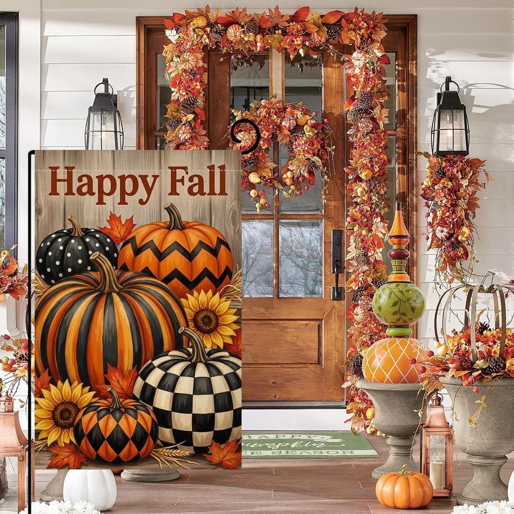 Fall Happy Fall Pumpkins Garden Flag 12x18 Buffalo Plaid Chevron Yard Decor