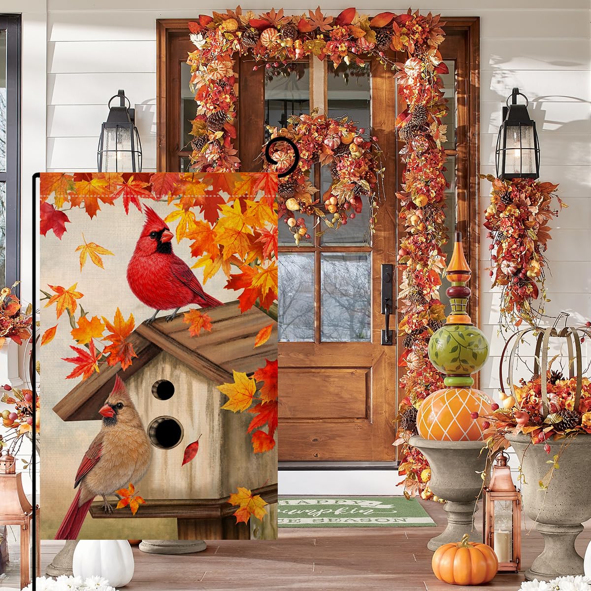 Fall Cardinal Bird Garden Flag Vertical Double Sided Maple Leaves Welcome Autumn Thanksgiving Holiday Outside Decorations Burlap Yard Flag