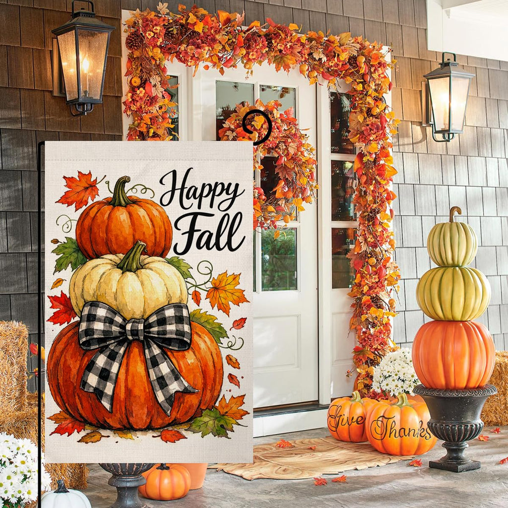 Fall Happy Fall Stacked Pumpkins Garden Flag 12x18 Maple Bow Yard Decor