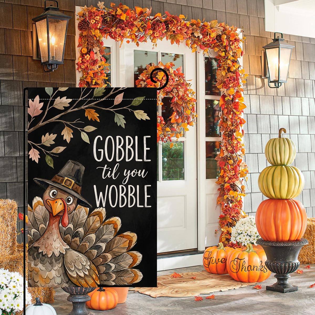 Fall Thanksgiving Gobble til You Wobble Garden Flag 12x18 Turkey Yard Decor