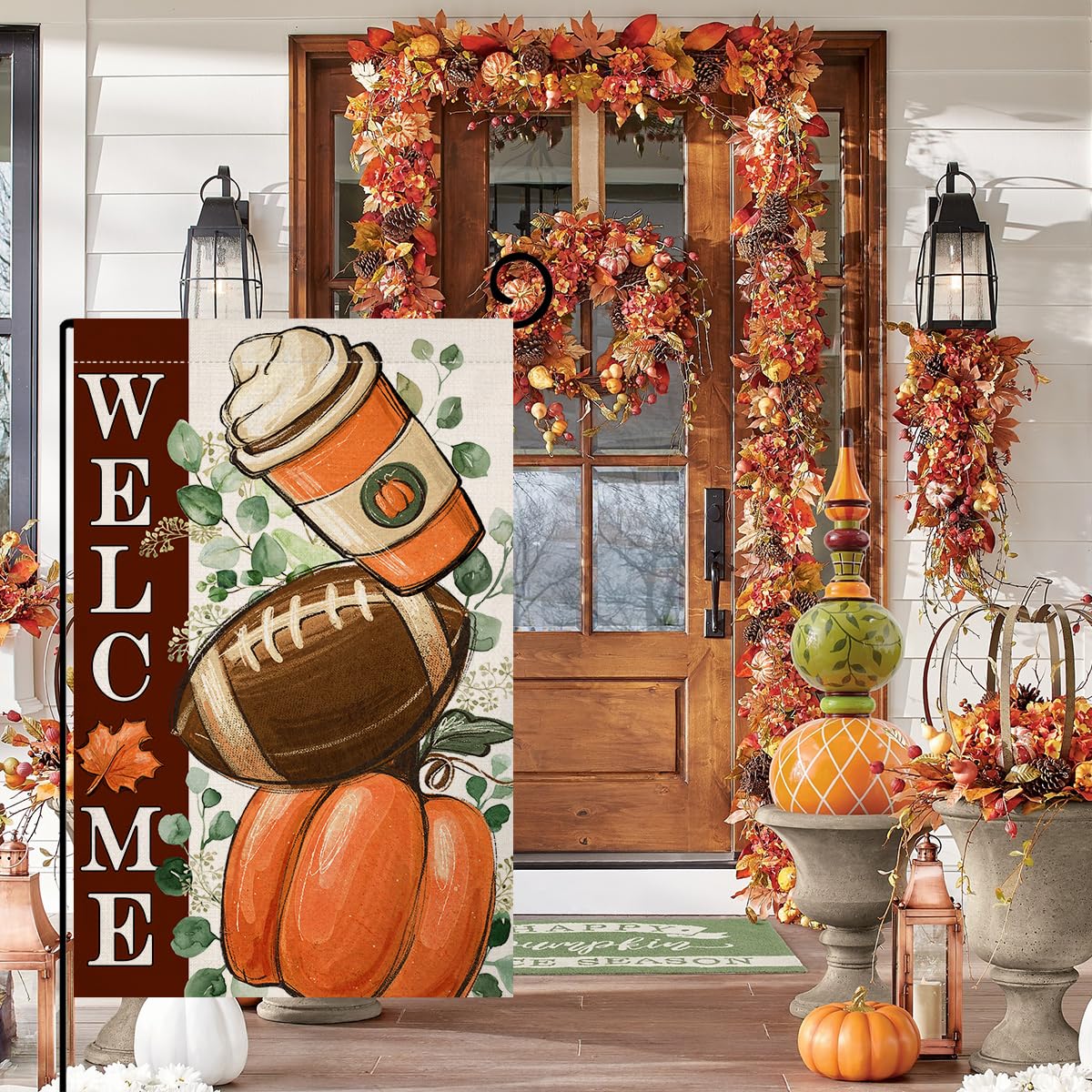 Fall Football Pumpkin Garden Flag 12x18 Vertical Double Sided Maple Leaves Welcome Autumn Thanksgiving Holiday Outside Decorations Burlap Yard Flag