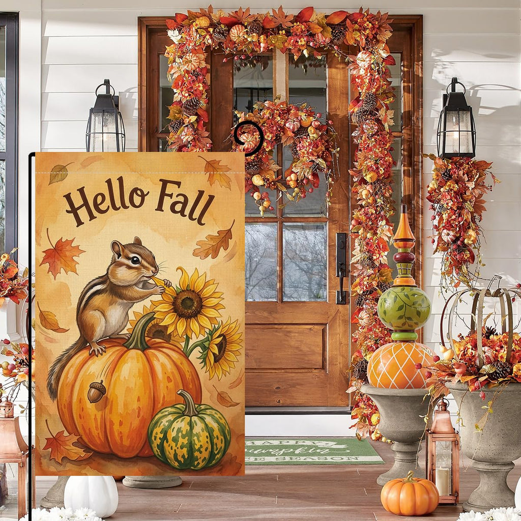 Fall Hello Fall Chipmunk Garden Flag 12x18 Pumpkin Sunflowers Yard Decor