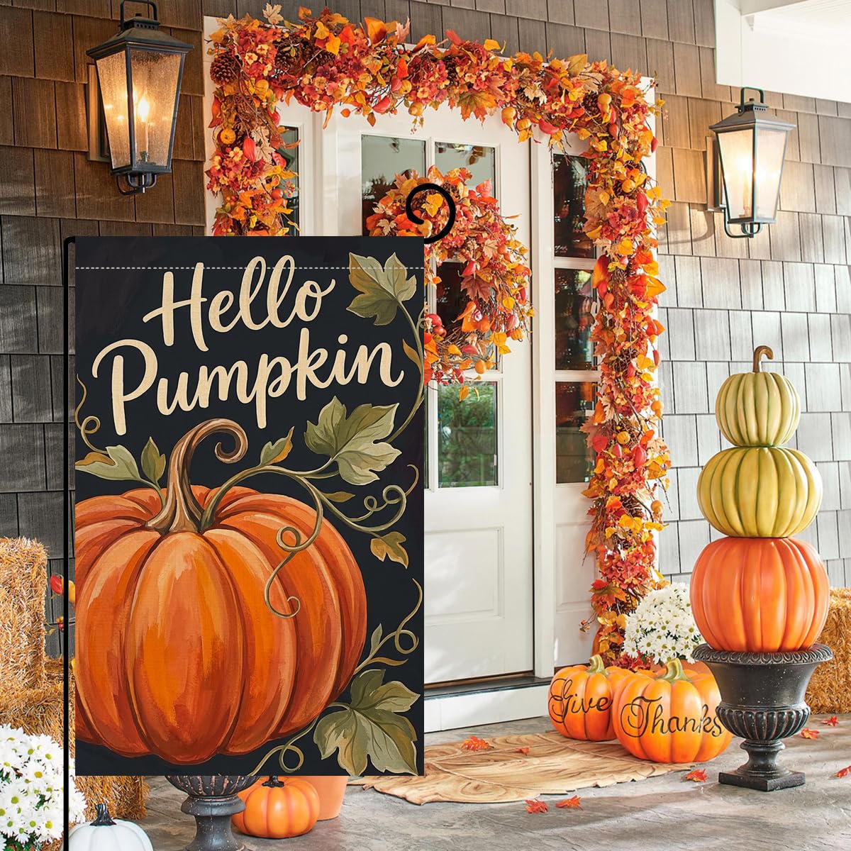 Fall Hello Pumpkin Garden Flag 12x18 Orange Pumpkin Curly Vine Yard Decor
