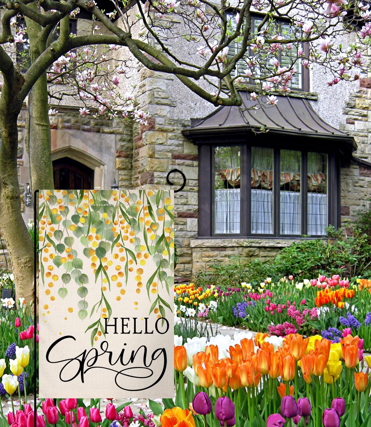 Spring Eucalyptus Garden Flag 12x18 Vertical Double Sided Green Mimosa Hello Spring Farmhouse Holiday Outside Decorations Burlap Yard Flag