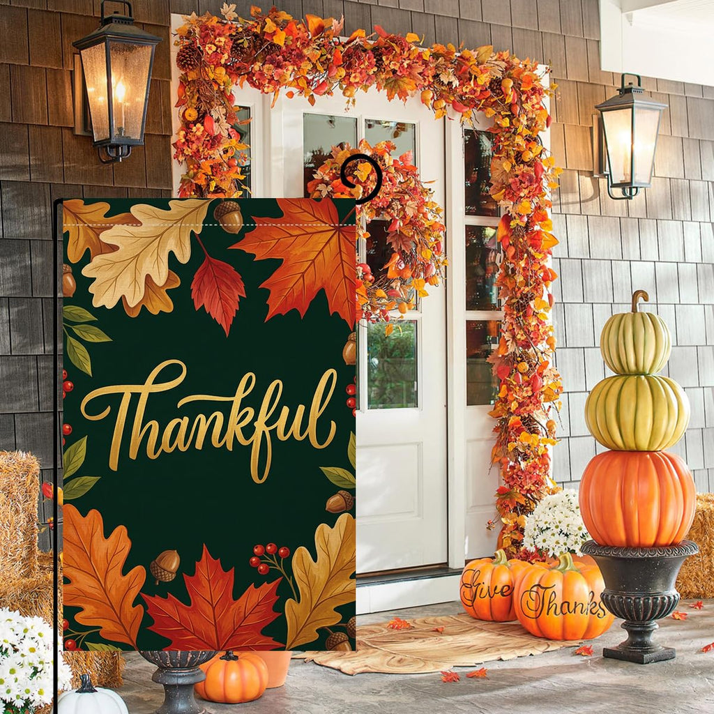 Fall Thanksgiving Thankful Garden Flag 12x18 Maple Leaves Acorns Yard Decor