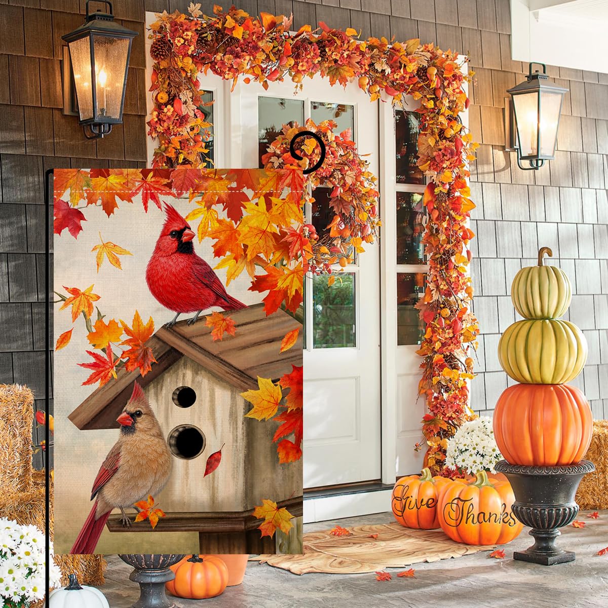 Fall Cardinal Bird Garden Flag Vertical Double Sided Maple Leaves Welcome Autumn Thanksgiving Holiday Outside Decorations Burlap Yard Flag