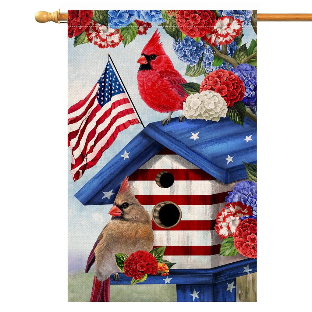 4th of July Cardinal Bird House Flag 28x40 Vertical Double Sided Red Blue Floral Memorial Day Independence Day Holiday Outside Decorations Burlap Yard Flag -40