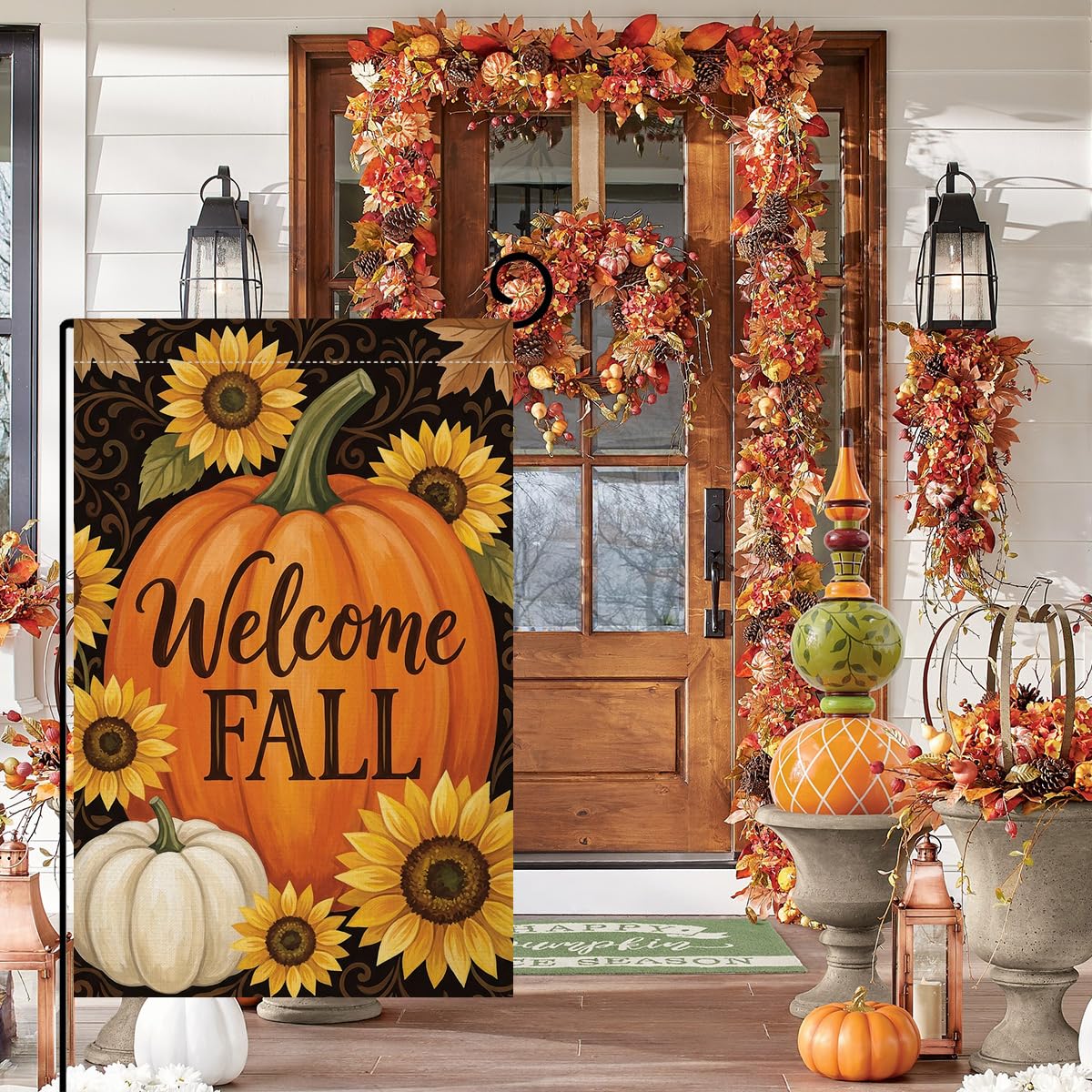 Fall Welcome Pumpkin Garden Flag 12x18 Sunflowers White Pumpkin Yard Decor