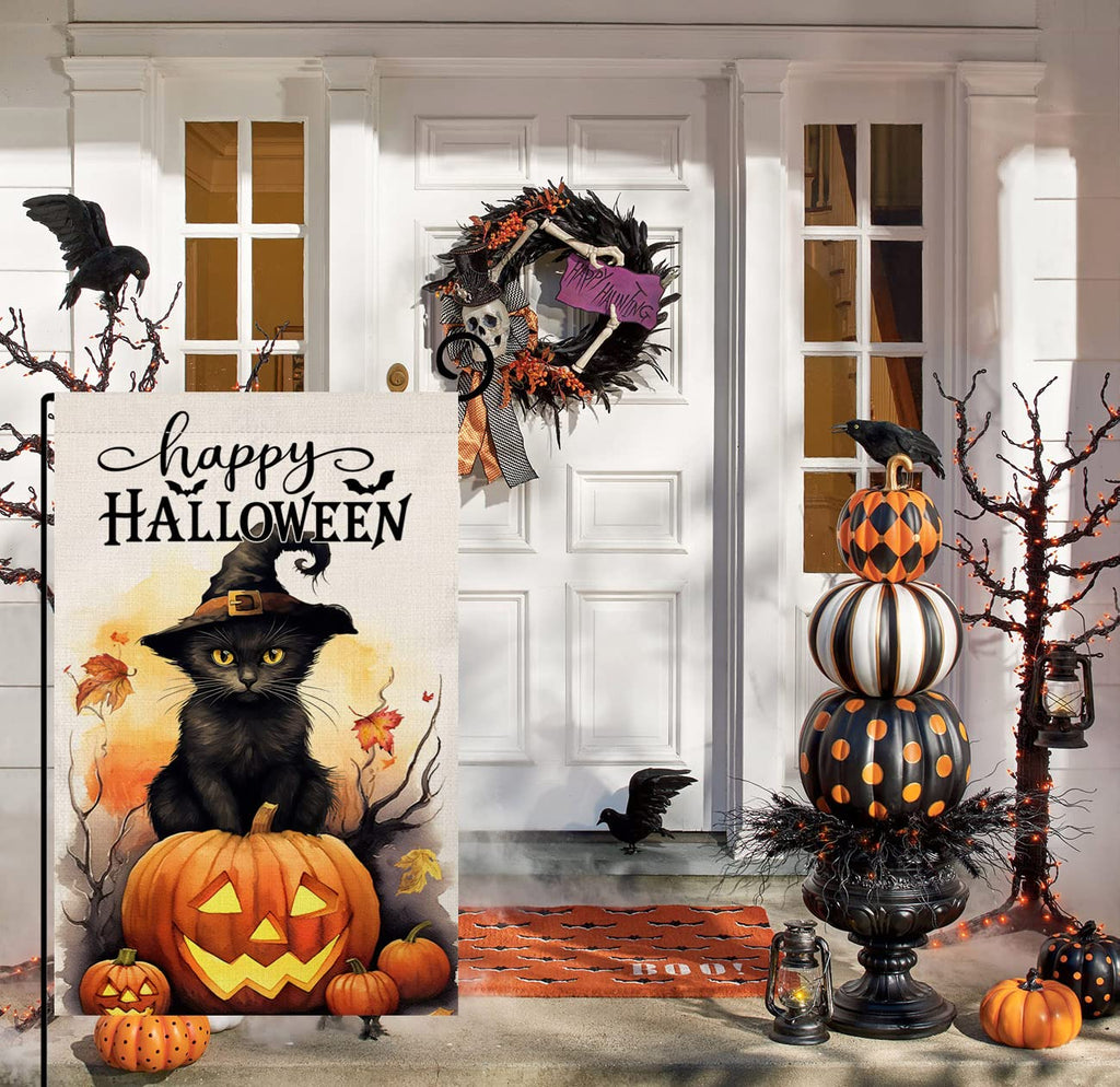 Halloween Cat Garden Flag 12x18 Vertical Double Sided Happy Halloween Pumpkin Holiday Outside Decorations Burlap Yard Flag