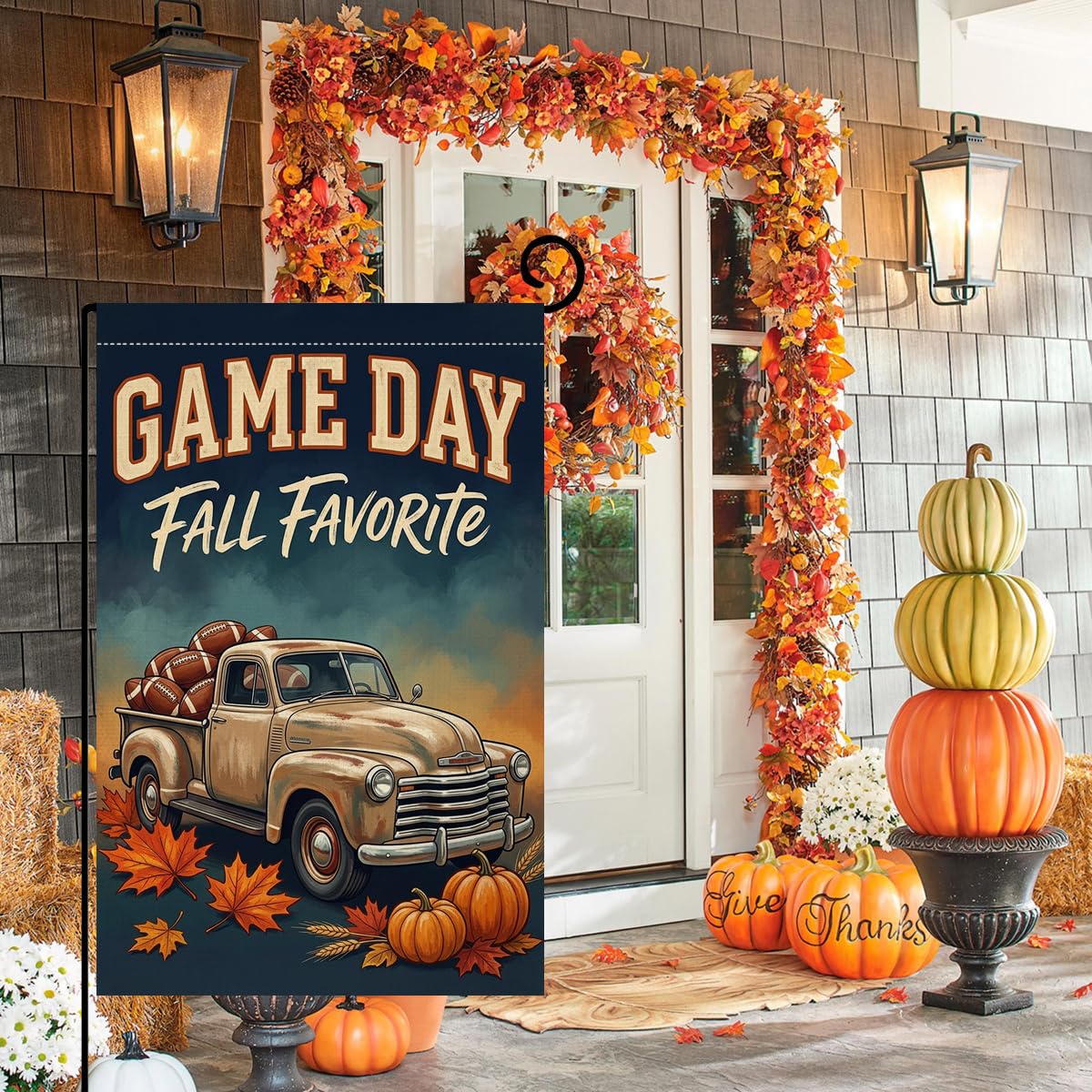 Fall Game Day Vintage Truck Garden Flag 12x18 Footballs Pumpkins Yard Decor