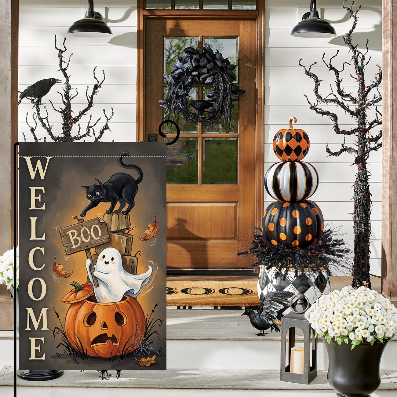 Halloween Welcome Boo Black Cat Garden Flag 12x18 Jack-o-Lantern Yard Decor