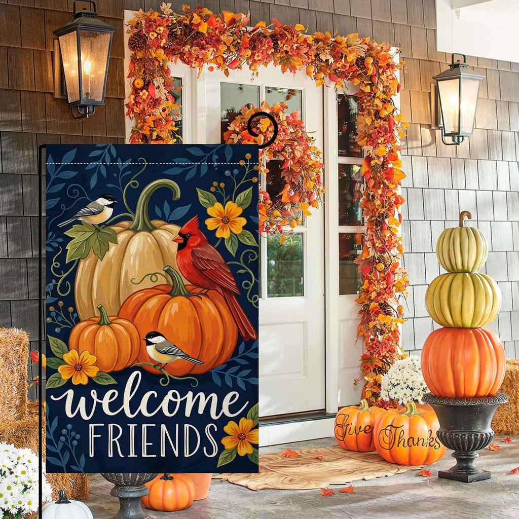 Fall Welcome Friends Pumpkins Garden Flag 12x18 Cardinal Birds Yard Decor