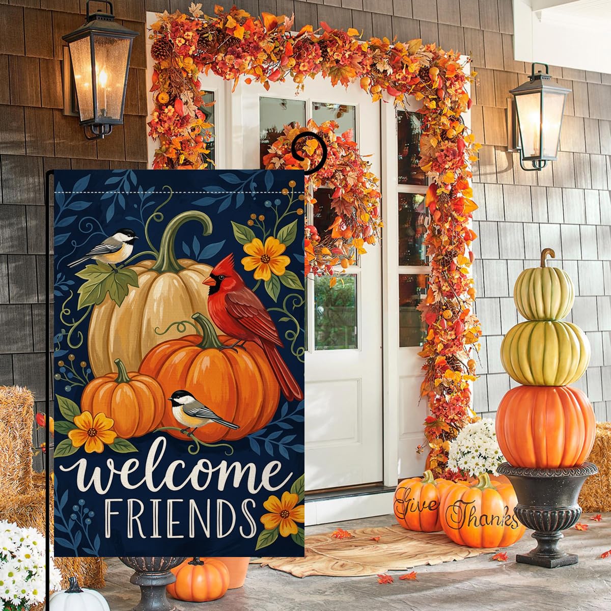 Fall Welcome Friends Pumpkins Garden Flag 12x18 Cardinal Birds Yard Decor