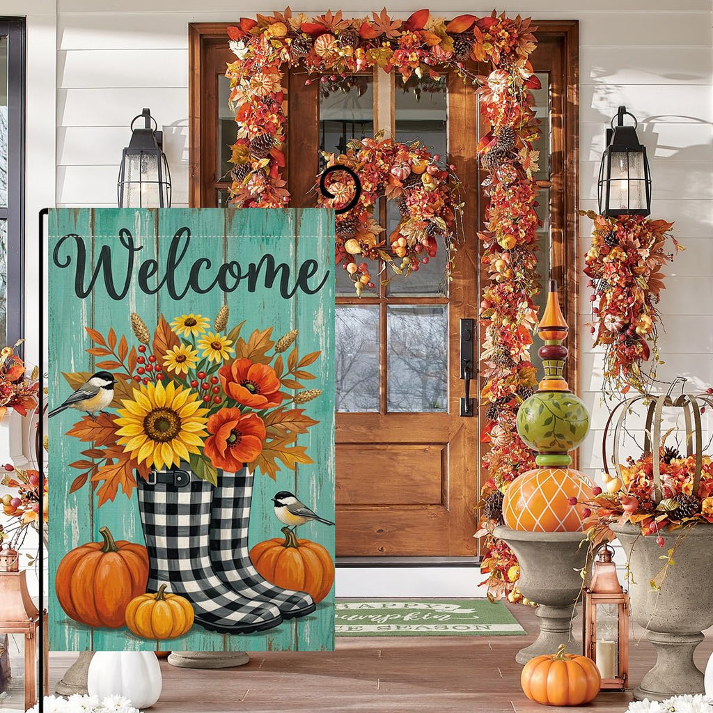 Fall Welcome Plaid Boots Garden Flag 12x18 Sunflower Pumpkin Yard Decor