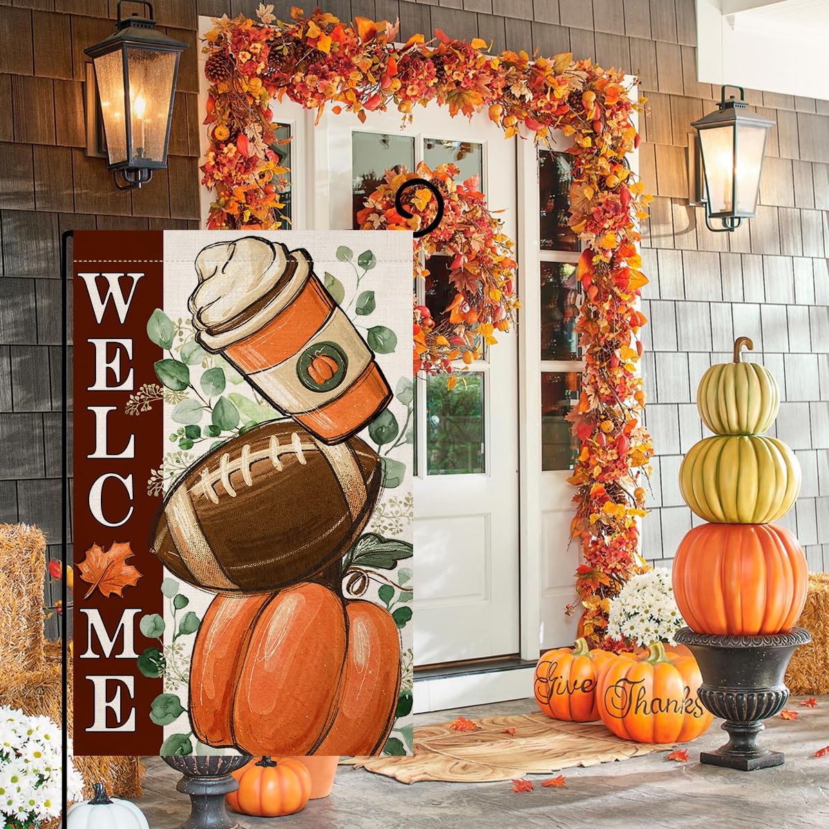 Fall Football Pumpkin Garden Flag 12x18 Vertical Double Sided Maple Leaves Welcome Autumn Thanksgiving Holiday Outside Decorations Burlap Yard Flag