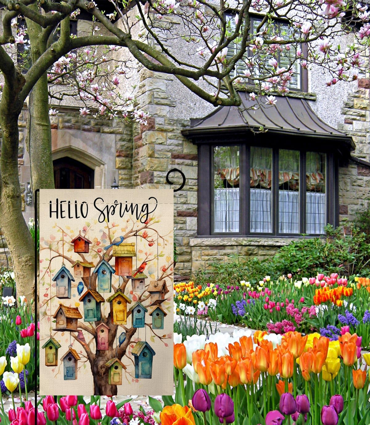 Spring Bird Garden Flag 12x18 Vertical Double Sided Floral Tree Farmhouse Holiday Outside Decorations Burlap Yard Flag