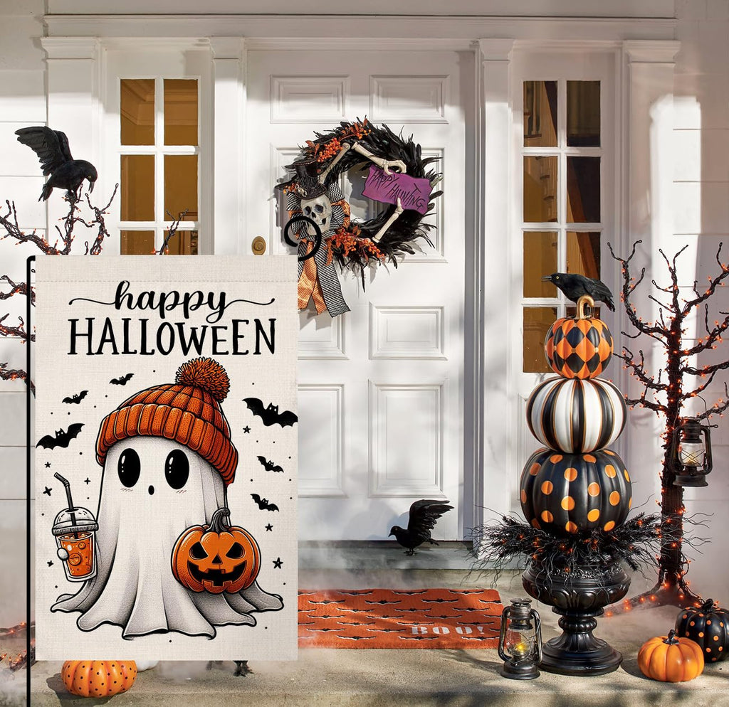 Halloween Ghost Garden Flag 12x18 Vertical Double Sided Black Bat Happy Fall Holiday Outside Decorations Burlap Yard Flag