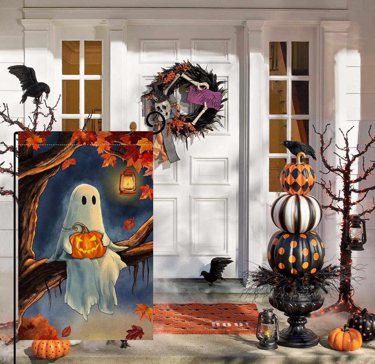 Halloween Ghost Garden Flag 12x18 Vertical Double Sided Maple Leaf Tree Welcome Fall Holiday Outside Decorations Burlap Yard Flag