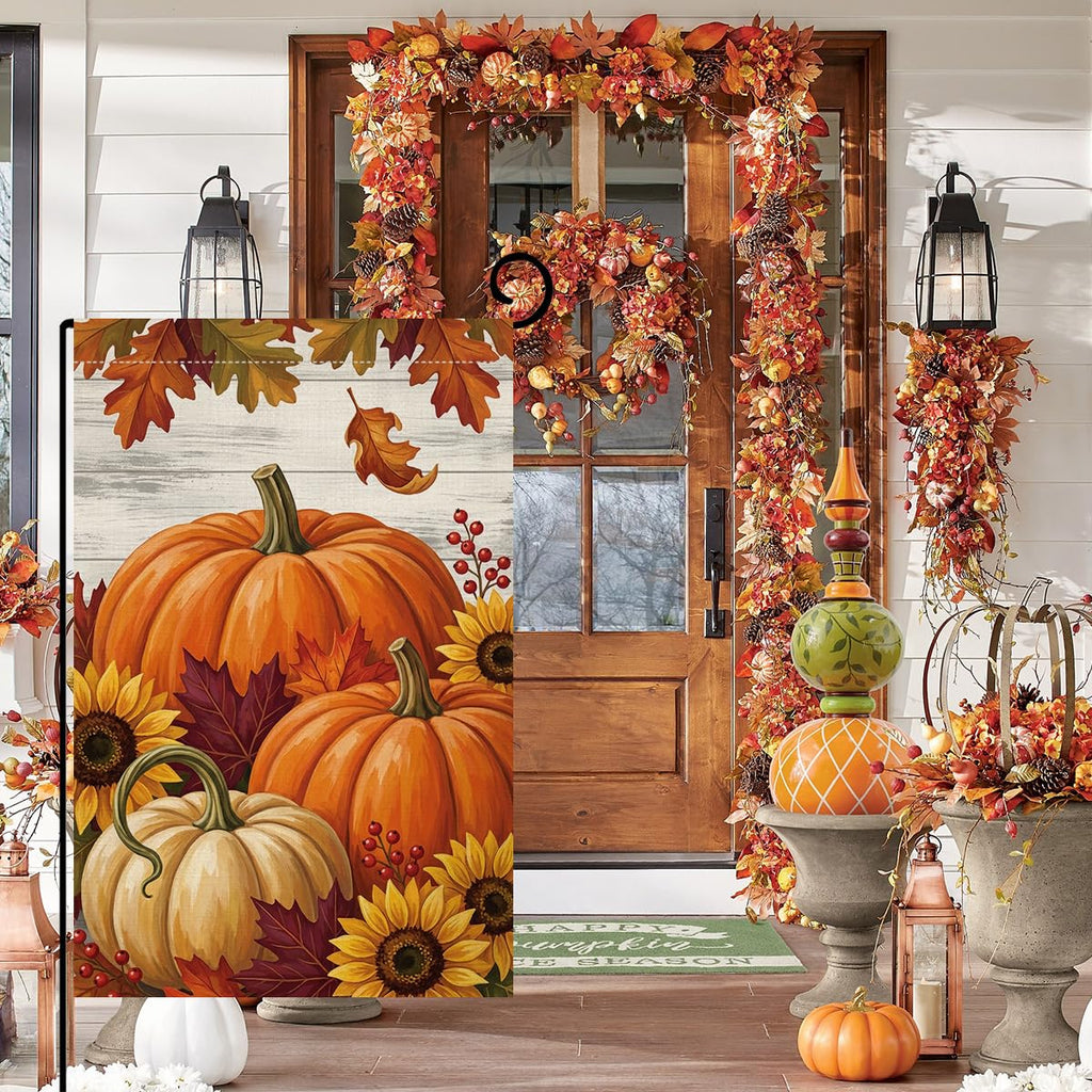 Fall Pumpkin Farmhouse Garden Flag 12x18 Sunflowers Maple Leaves Yard Decor