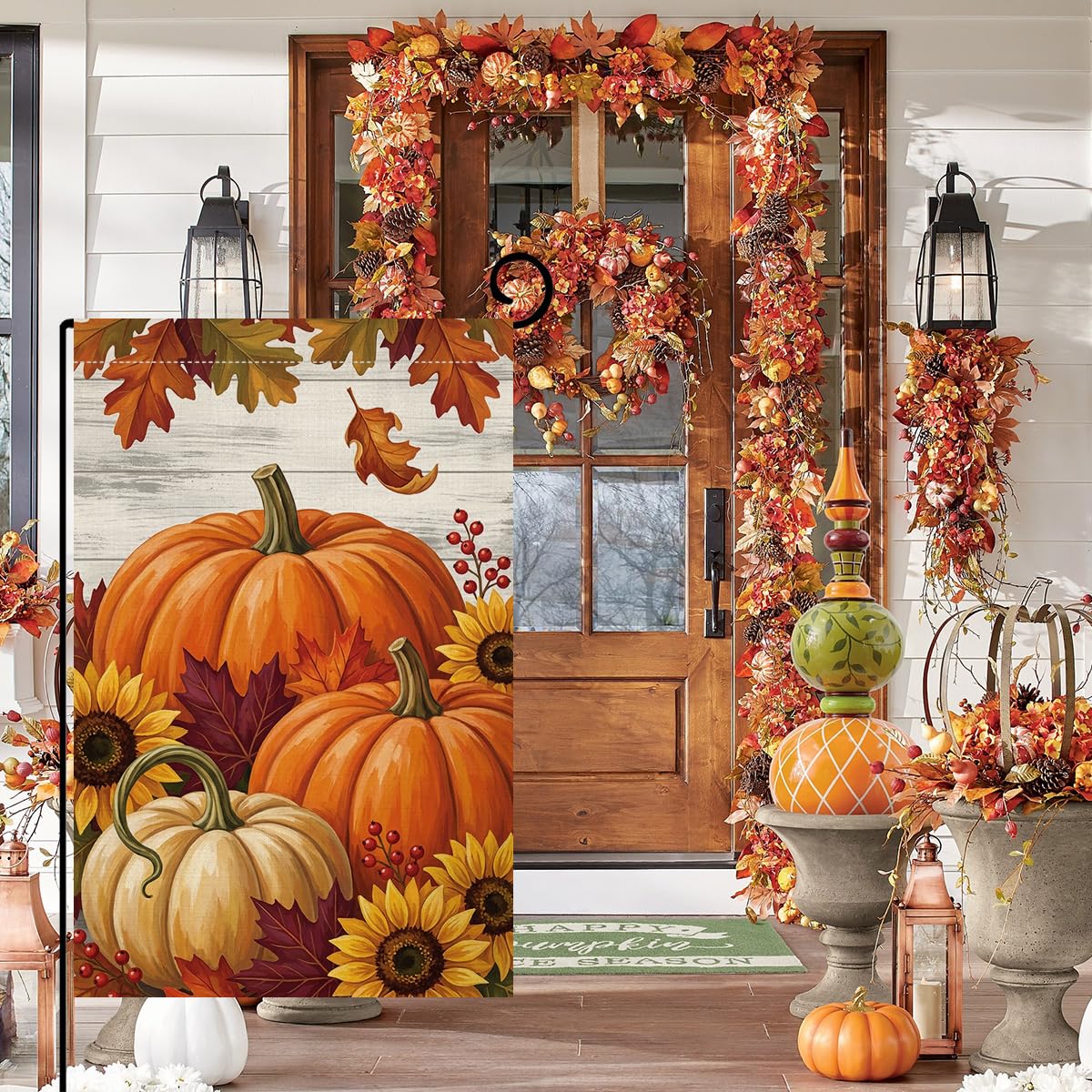 Fall Pumpkin Farmhouse Garden Flag 12x18 Sunflowers Maple Leaves Yard Decor