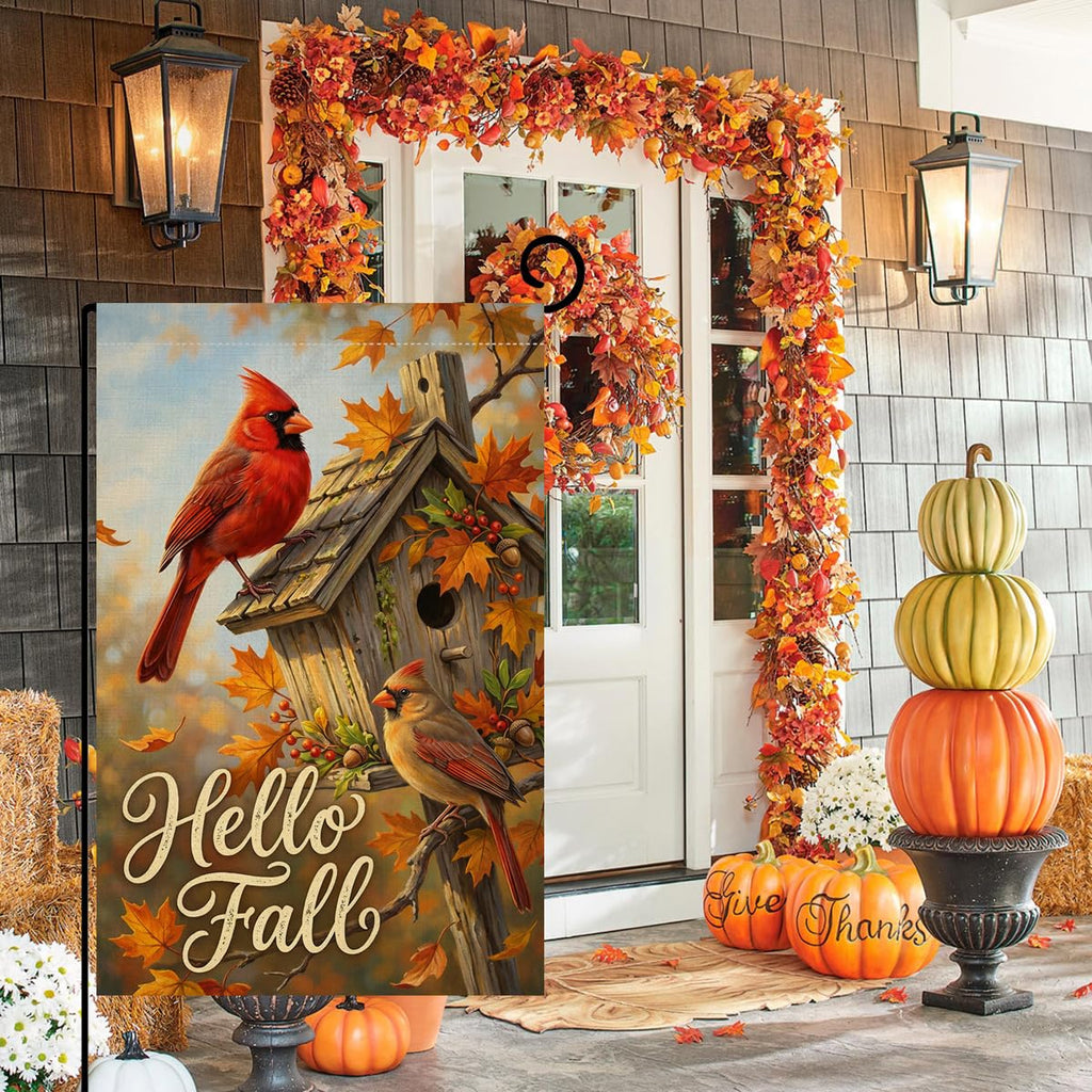 Fall Hello Fall Cardinal Birds Garden Flag 12x18 Birdhouse Maple Yard Decor