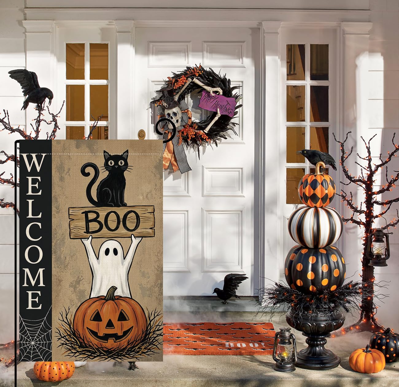Halloween Welcome Boo Black Cat Garden Flag 12x18 Ghost Pumpkin Yard Decor
