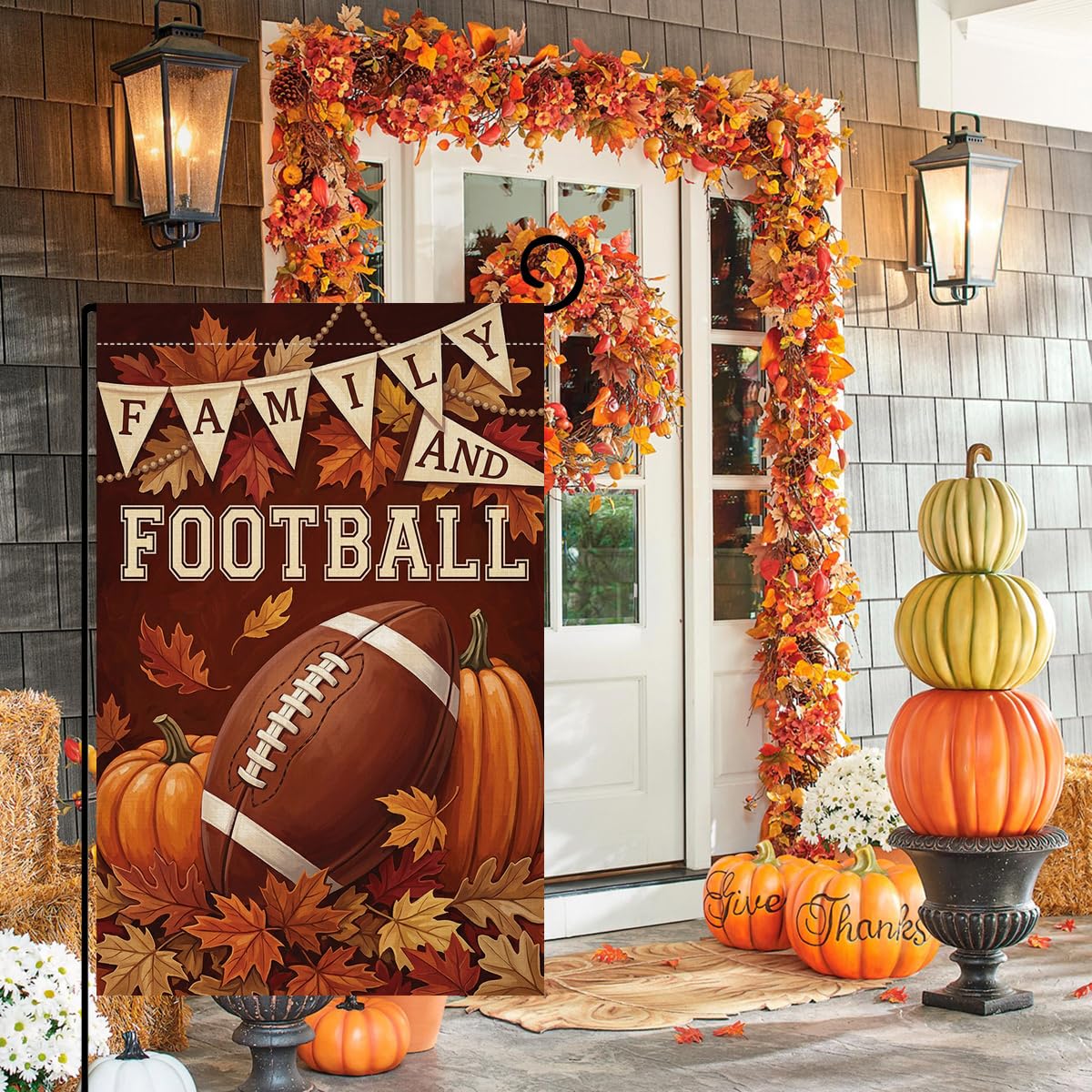 Fall Family and Football Garden Flag 12x18 Pumpkins Maple Leaves Yard Decor