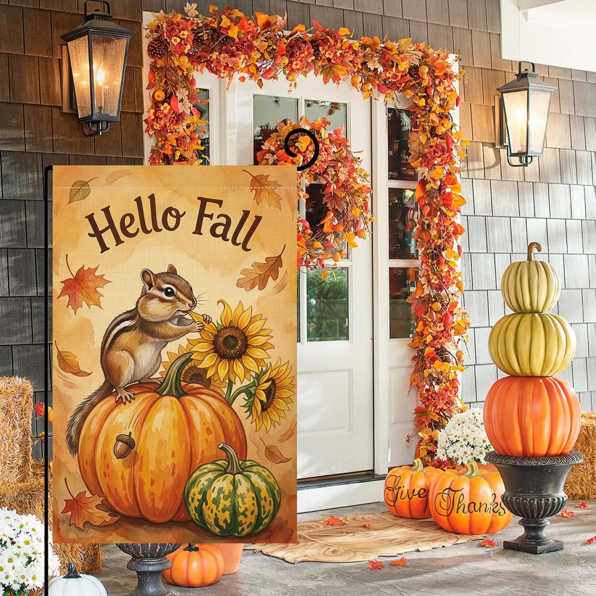 Fall Hello Fall Chipmunk Garden Flag 12x18 Pumpkin Sunflowers Yard Decor
