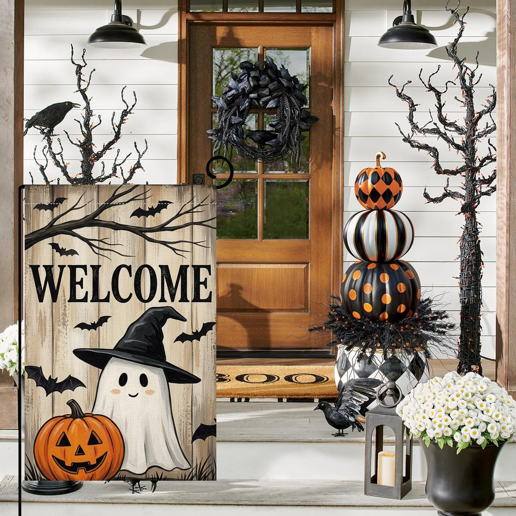 Fall Halloween Welcome Ghost Garden Flag 12x18 Witch Hat Bats Yard Decor
