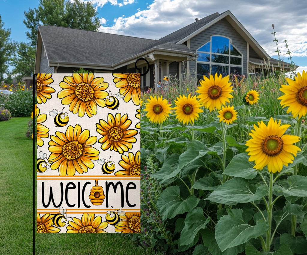 Spring Summer Sunflower Garden Flag 12x18 Vertical Double Sided Bee Welcome Farmhouse Holiday Outside Decorations Burlap Yard Flag