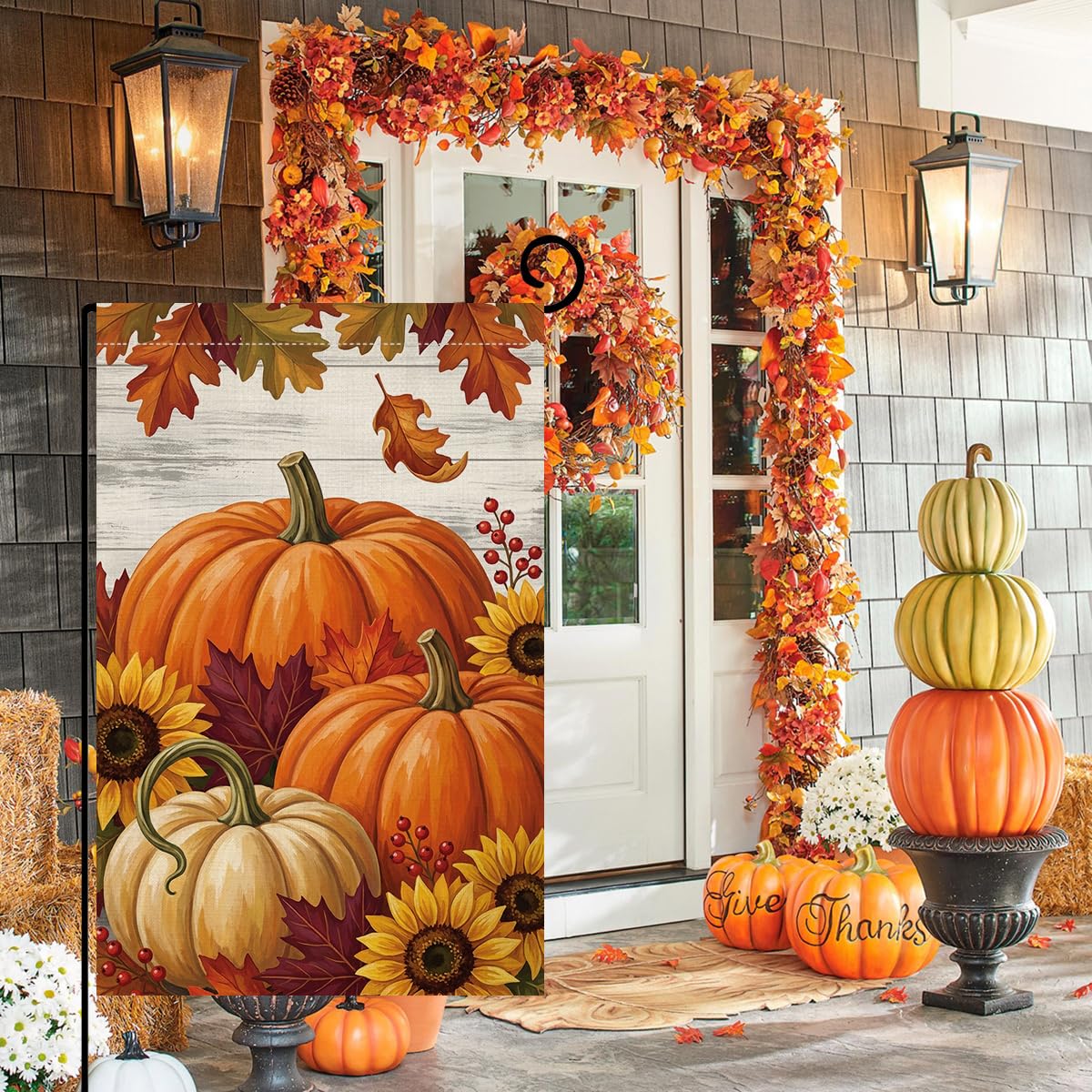 Fall Pumpkin Farmhouse Garden Flag 12x18 Sunflowers Maple Leaves Yard Decor