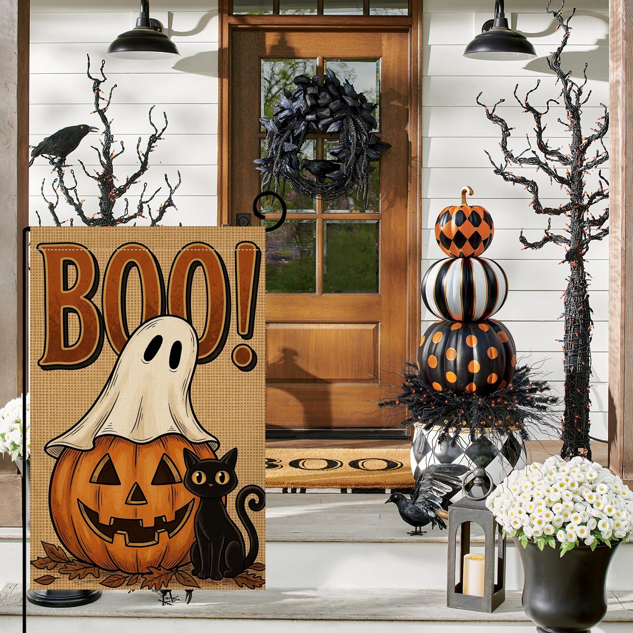 Fall Halloween Boo Ghost Garden Flag 12x18 Jack-o-Lantern Cat Yard Decor