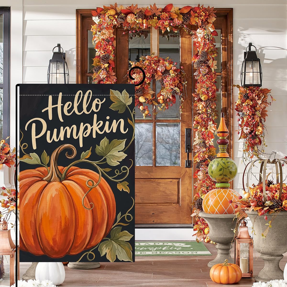 Fall Hello Pumpkin Garden Flag 12x18 Orange Pumpkin Curly Vine Yard Decor