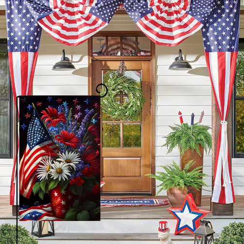 4th of July Floral Garden Flag 12x18 Vertical Double Sided Patriotic USA Flag Red Blue Memorial Day Independence Day Outside Decorations Burlap Yard Flag