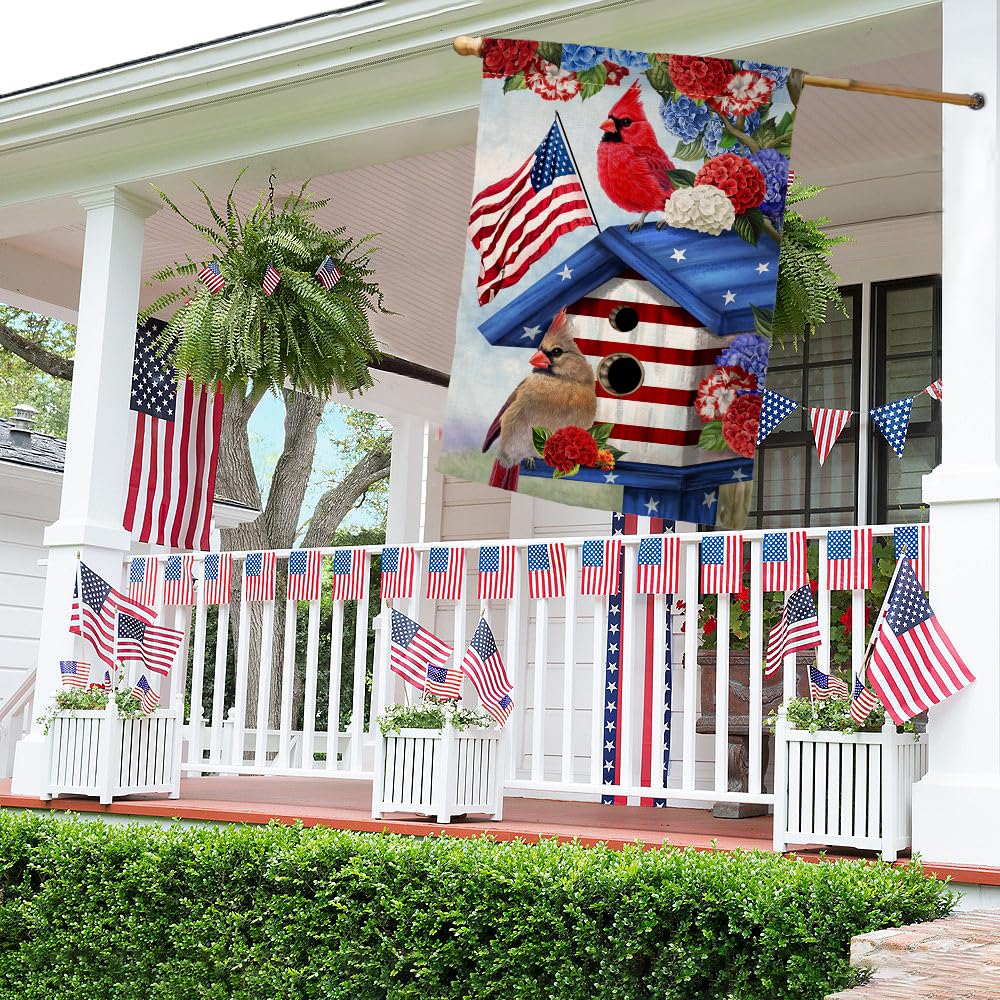 4th of July Cardinal Bird House Flag 28x40 Vertical Double Sided Red Blue Floral Memorial Day Independence Day Holiday Outside Decorations Burlap Yard Flag -40