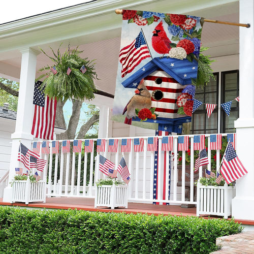 4th of July Cardinal Bird House Flag 28x40 Vertical Double Sided Red Blue Floral Memorial Day Independence Day Holiday Outside Decorations Burlap Yard Flag -40