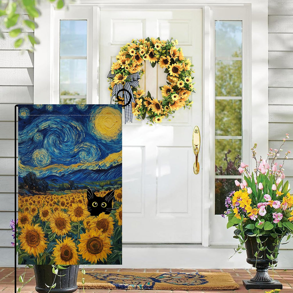Summer Sunflower Cat Garden Flag 12x18 Vertical Double Sided Blue Sky Welcome Farmhouse Holiday Outside Decorations Burlap Yard Flag