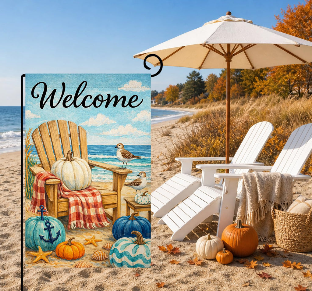 Fall Beach Welcome Pumpkin Garden Flag 12x18 Adirondack Chair Yard Decor