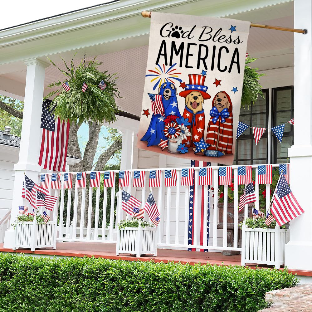 4th of July Dogs Garden Flag 12x18 Vertical Double Sided God Bless America Red Blue Floral Memorial Day Independence Day Holiday Outside Decorations Burlap Yard Flag