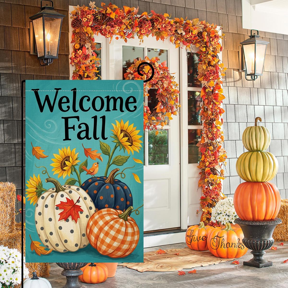 Fall Welcome Pumpkins Garden Flag 12x18 Sunflower Plaid Gingham Yard Decor