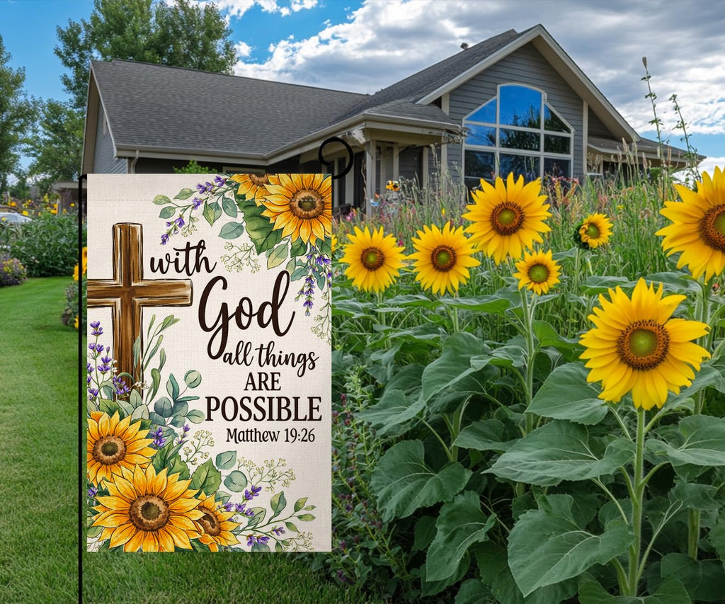 Summer Sunflower Garden Flag 12x18 Vertical Double Sided With God All Things Are Possible Floral Spring Farmhouse Holiday Outside Decorations Burlap Yard Flag