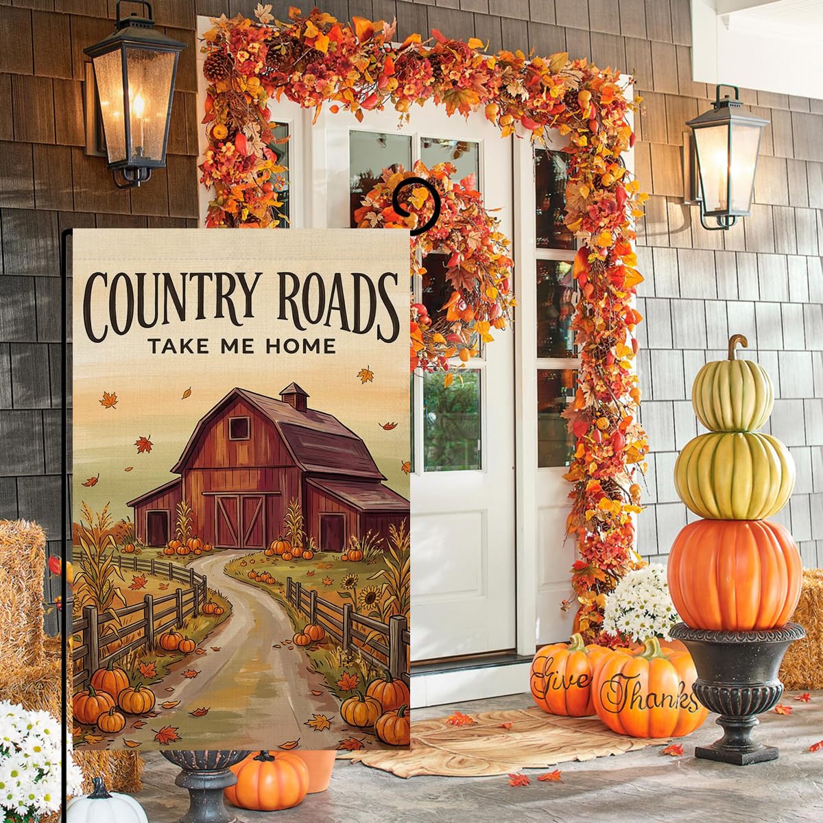 Fall Country Roads Take Me Home Garden Flag 12x18 Red Barn Farm Yard Decor