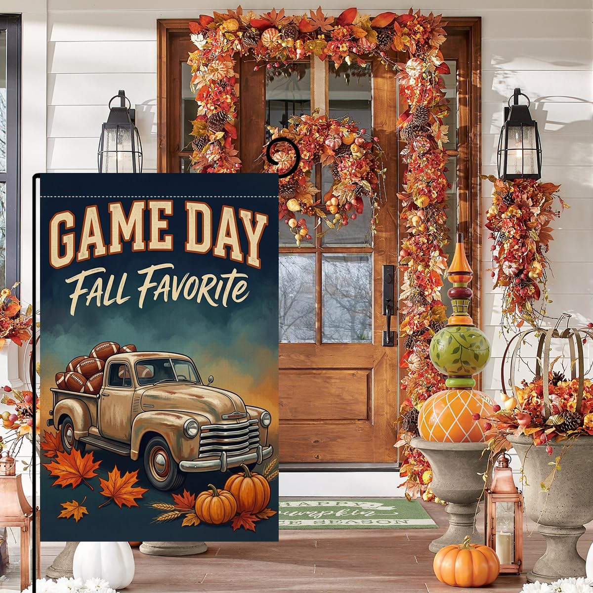 Fall Game Day Vintage Truck Garden Flag 12x18 Footballs Pumpkins Yard Decor