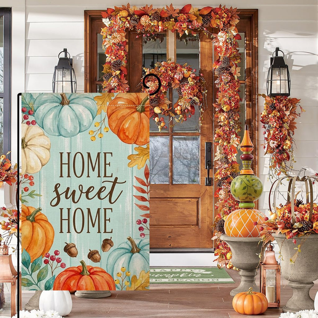 Fall Home Sweet Home Pumpkins Garden Flag 12x18 Acorns Leaves Yard Decor