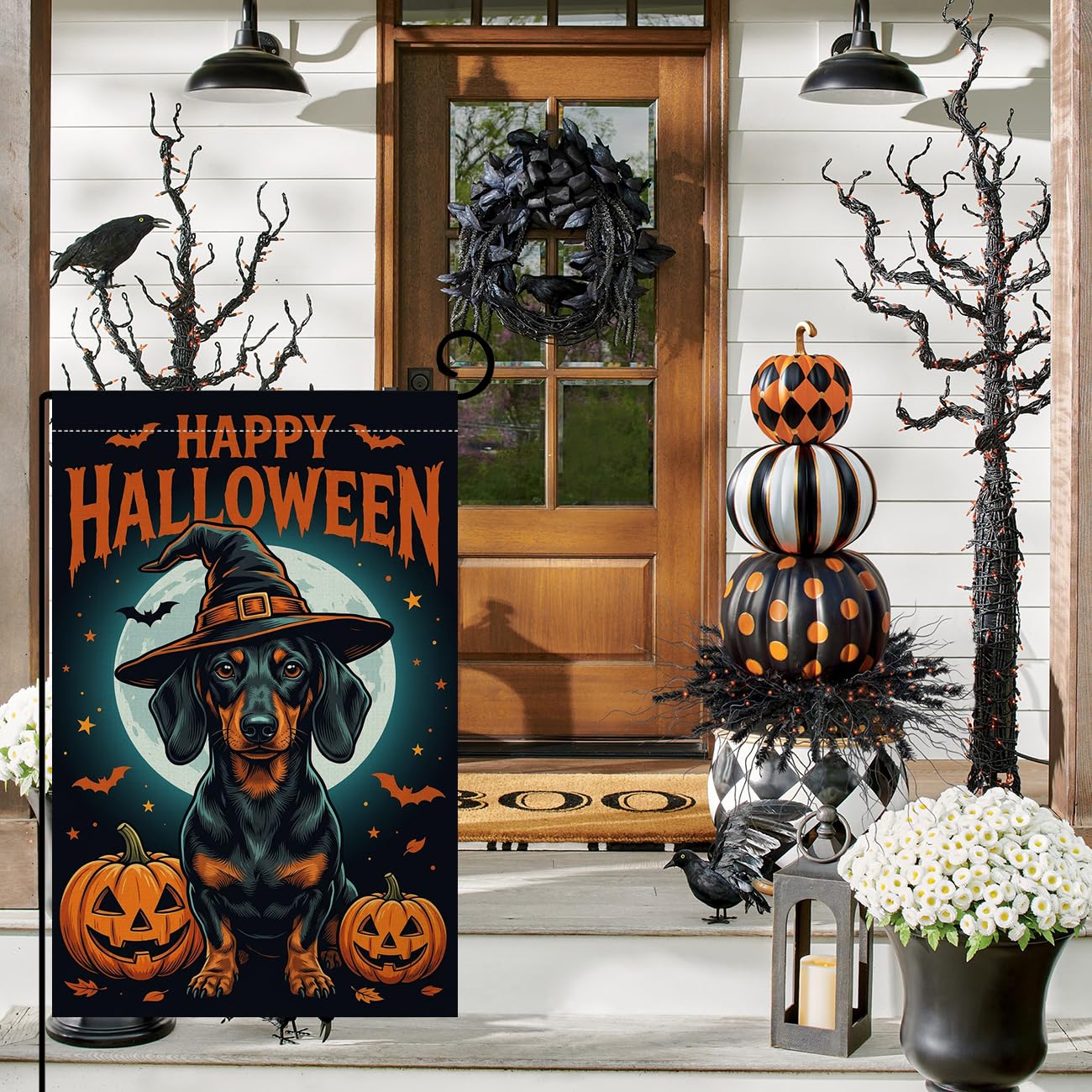 Fall Halloween Dachshund Witch Hat Garden Flag 12x18 Pumpkins Yard Decor