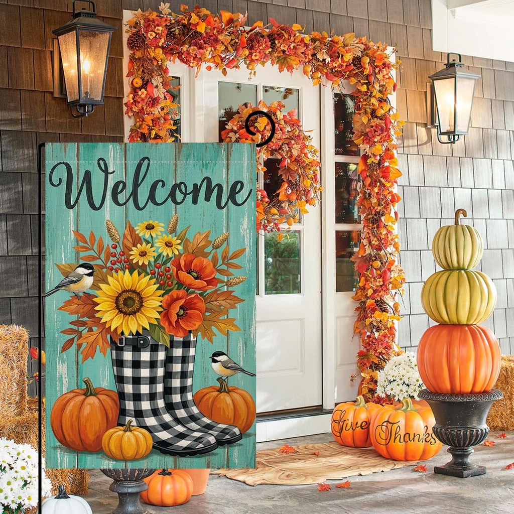 Fall Welcome Plaid Boots Garden Flag 12x18 Sunflower Pumpkin Yard Decor