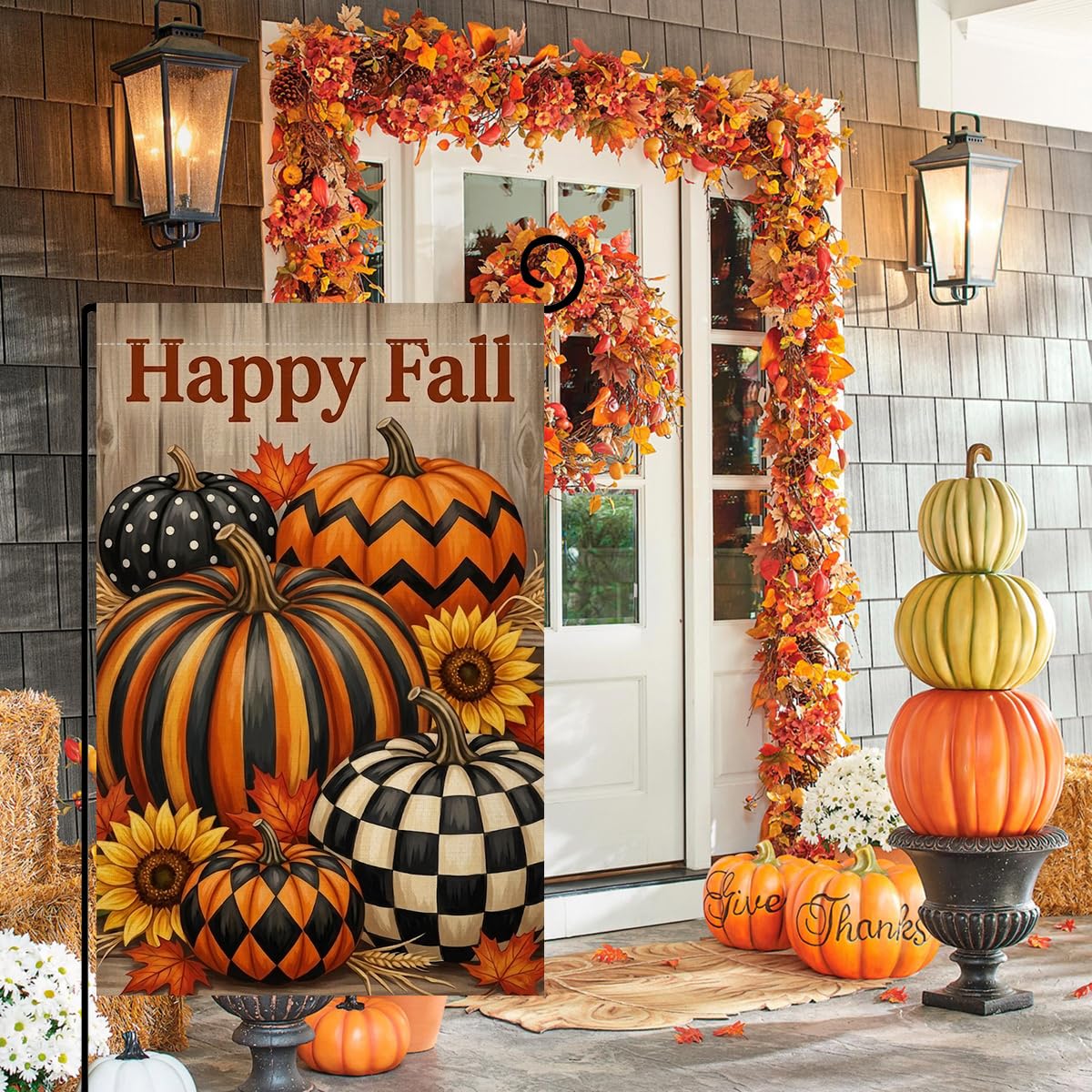 Fall Happy Fall Pumpkins Garden Flag 12x18 Buffalo Plaid Chevron Yard Decor